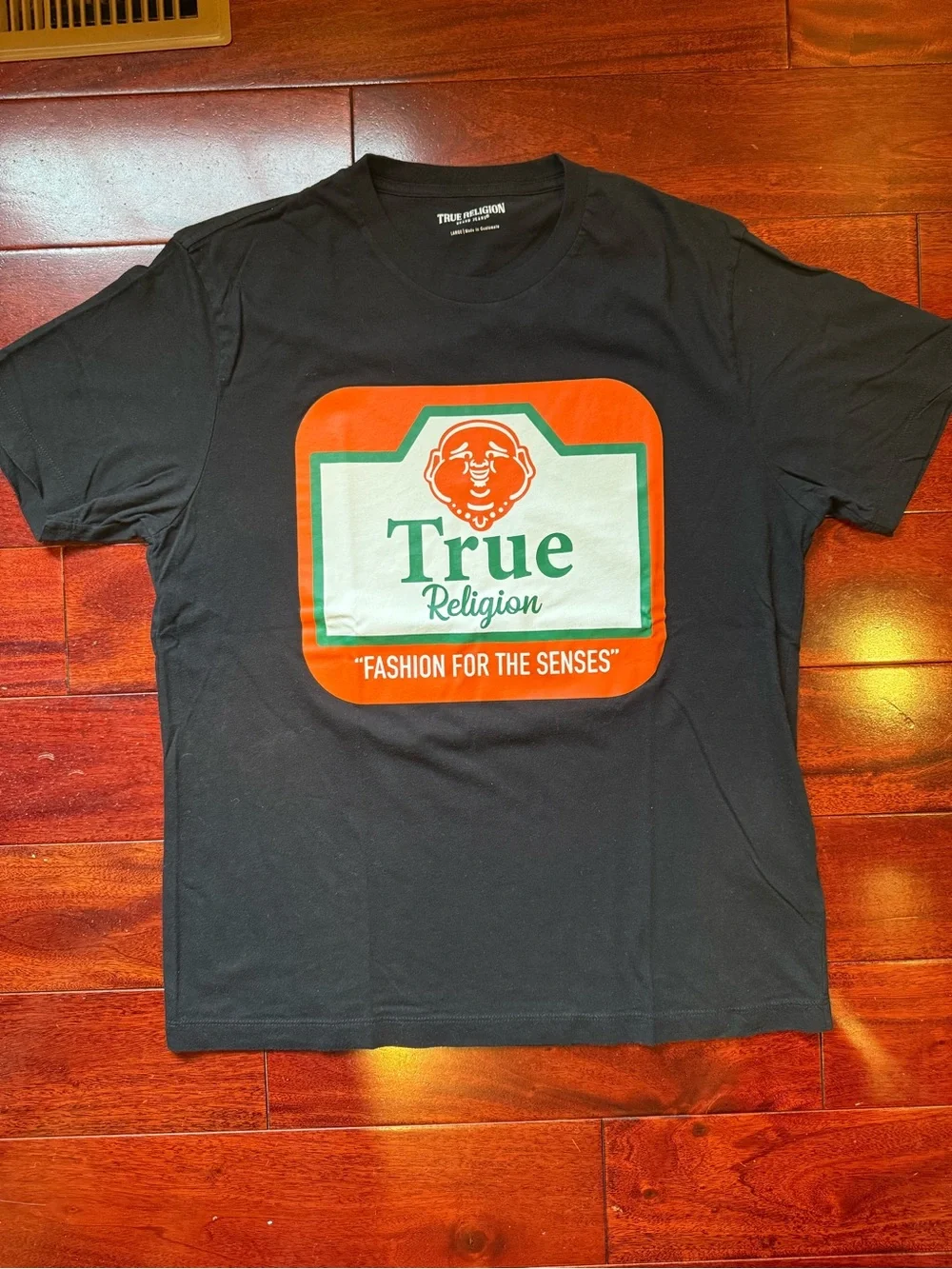 True Religion Black Tee with Orange and Green Logo Graphic